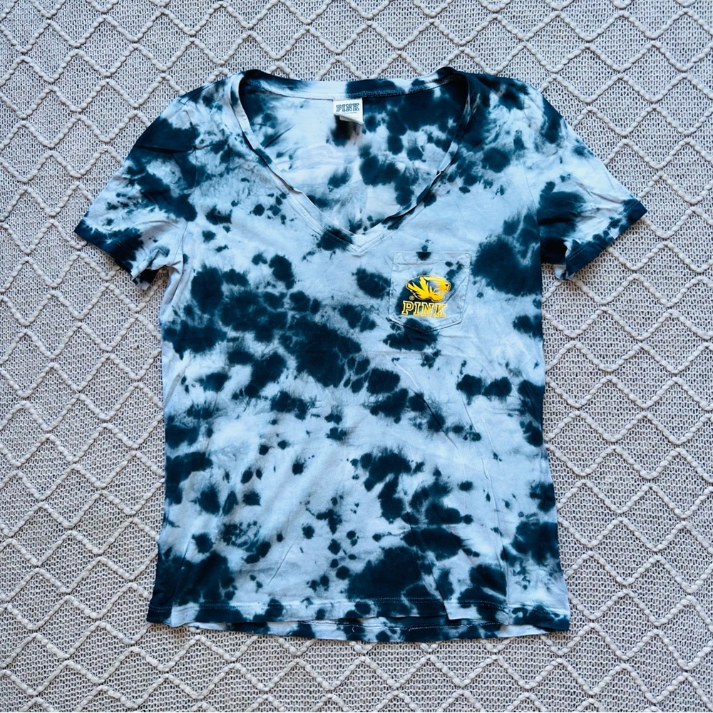PINK Victoria's Secret Black and White Tie-Dye Tee Mizzou MU Tigers XS